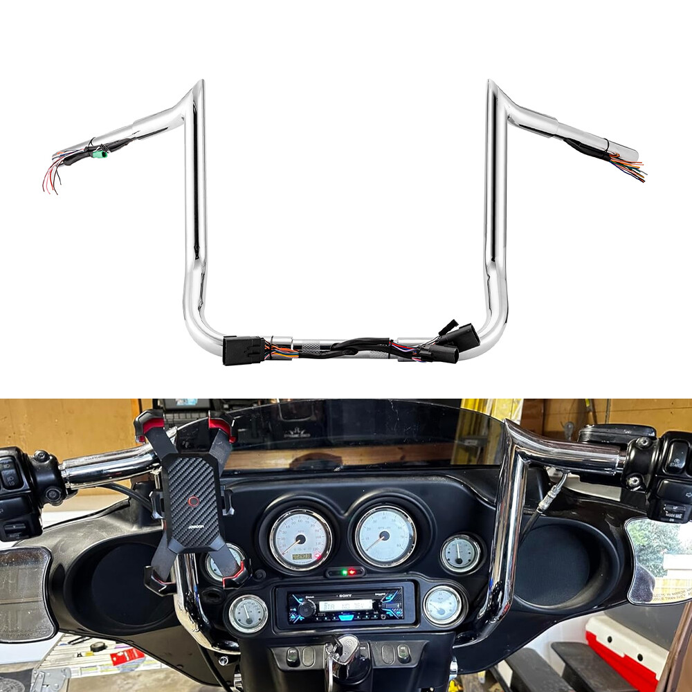 12″ 14″ Rise Pre-Wired MeatHook Ape Hanger Handlebar For Harley Street Glide