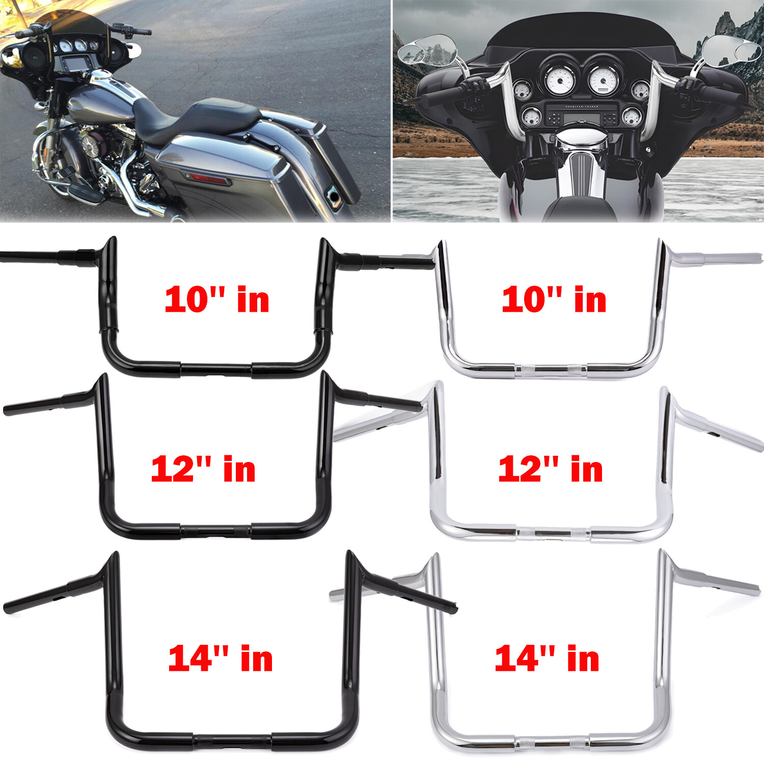 Bar 10″ 12″ 14″ Meathook Ape Hanger Handlebar For Harley Electra Street Glide