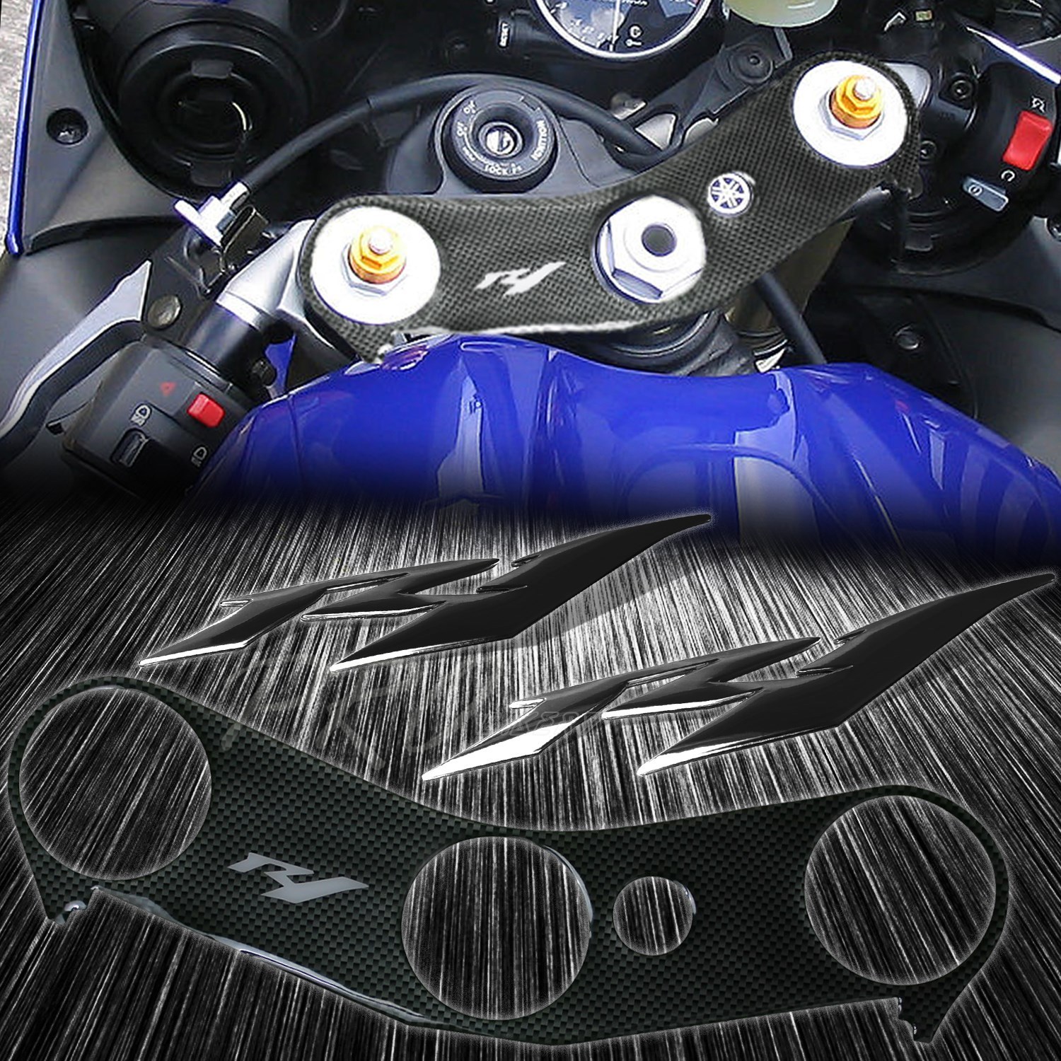 Handle Yoke Carbon Fiber Look Cover+Black Logo Emblem Sticker for 04-08 YZF R1