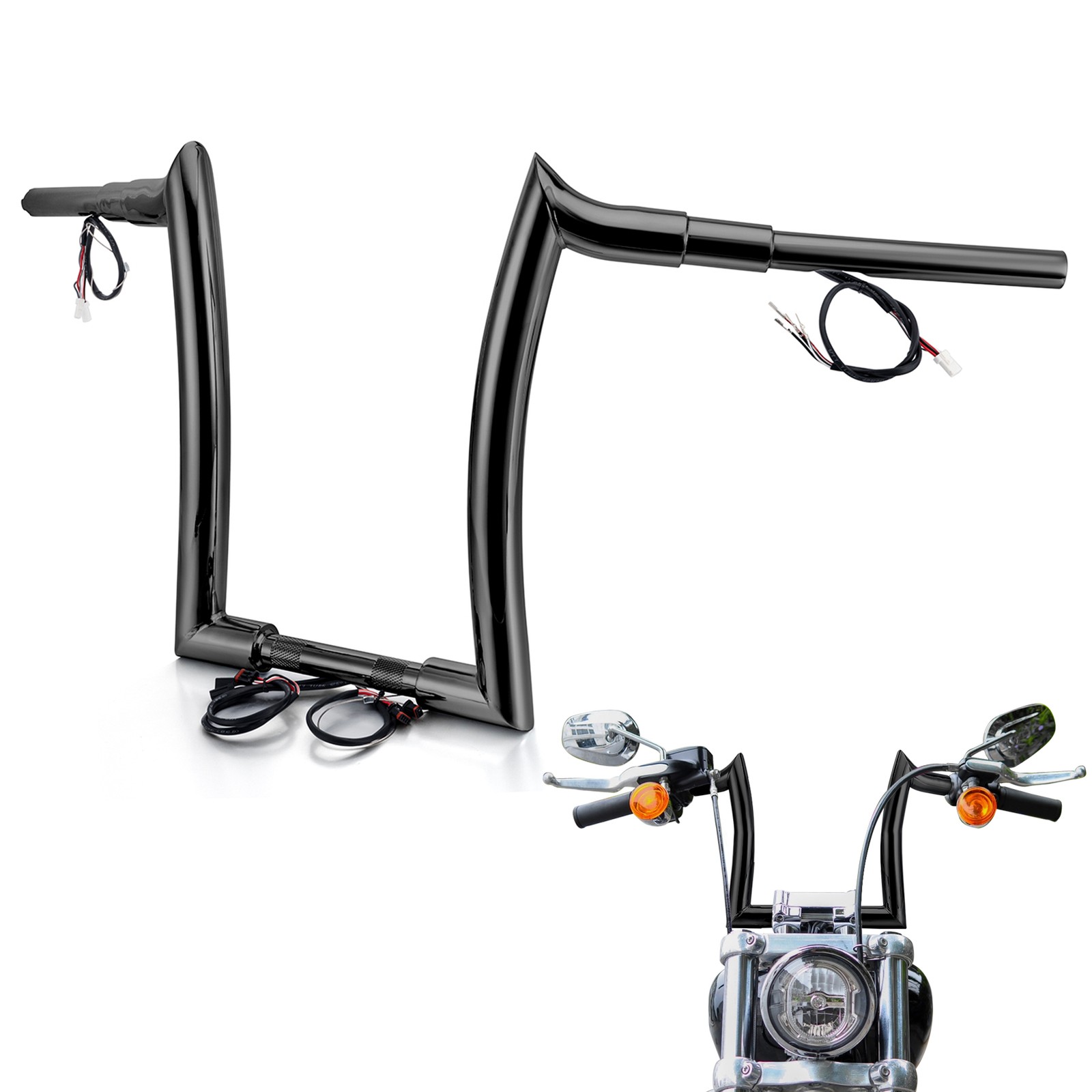 14″ Rise 8″ Pullback For Harley Softail Dyna Black Steel Pre-wired Ape Handlebar