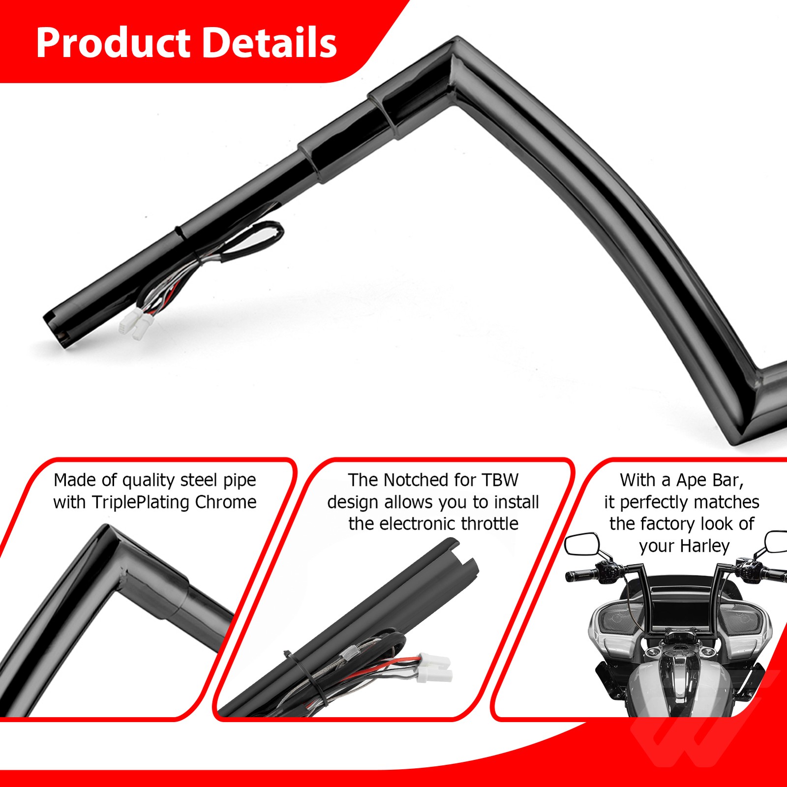 12″ High 1.5″ Fat Black Pre-wired Handlebar Fit For 2015-2023 Harley Road Glide