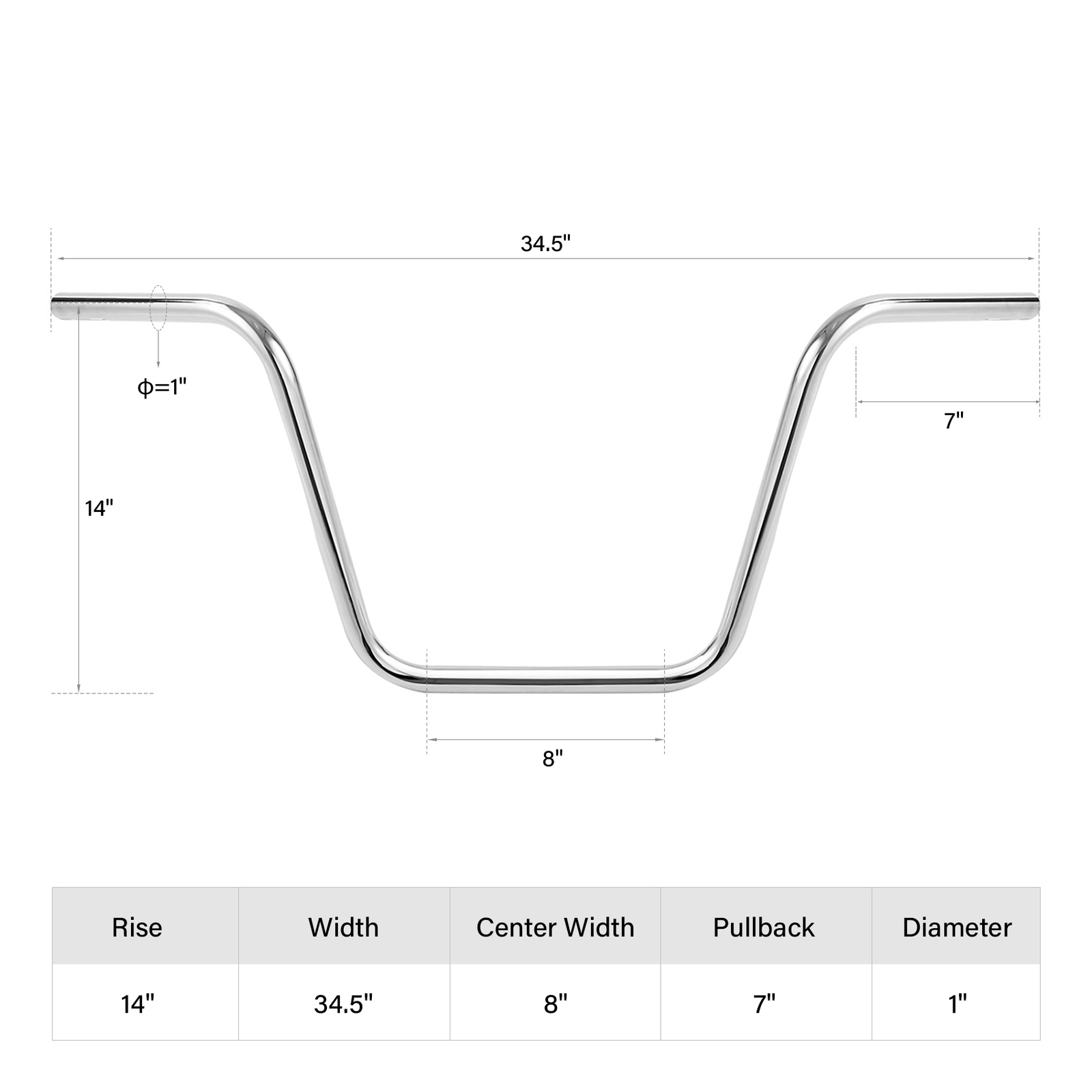 Chrome 1″Ape Hanger Handlebar 14″Rise 34.5″Width 8″Center Fit For Harley Custom