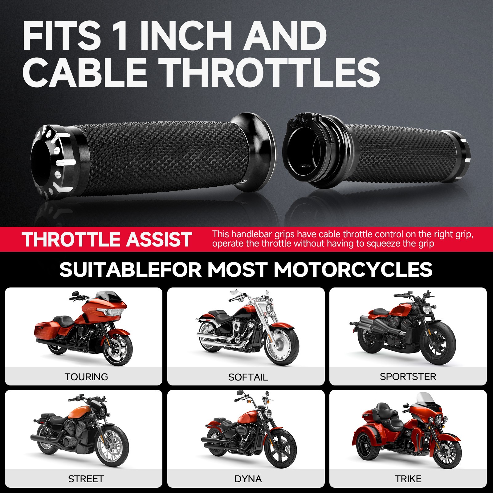 Black Motorcycle 1″ Handlebar Hand Grips w/ Switches Control Housing For Harley