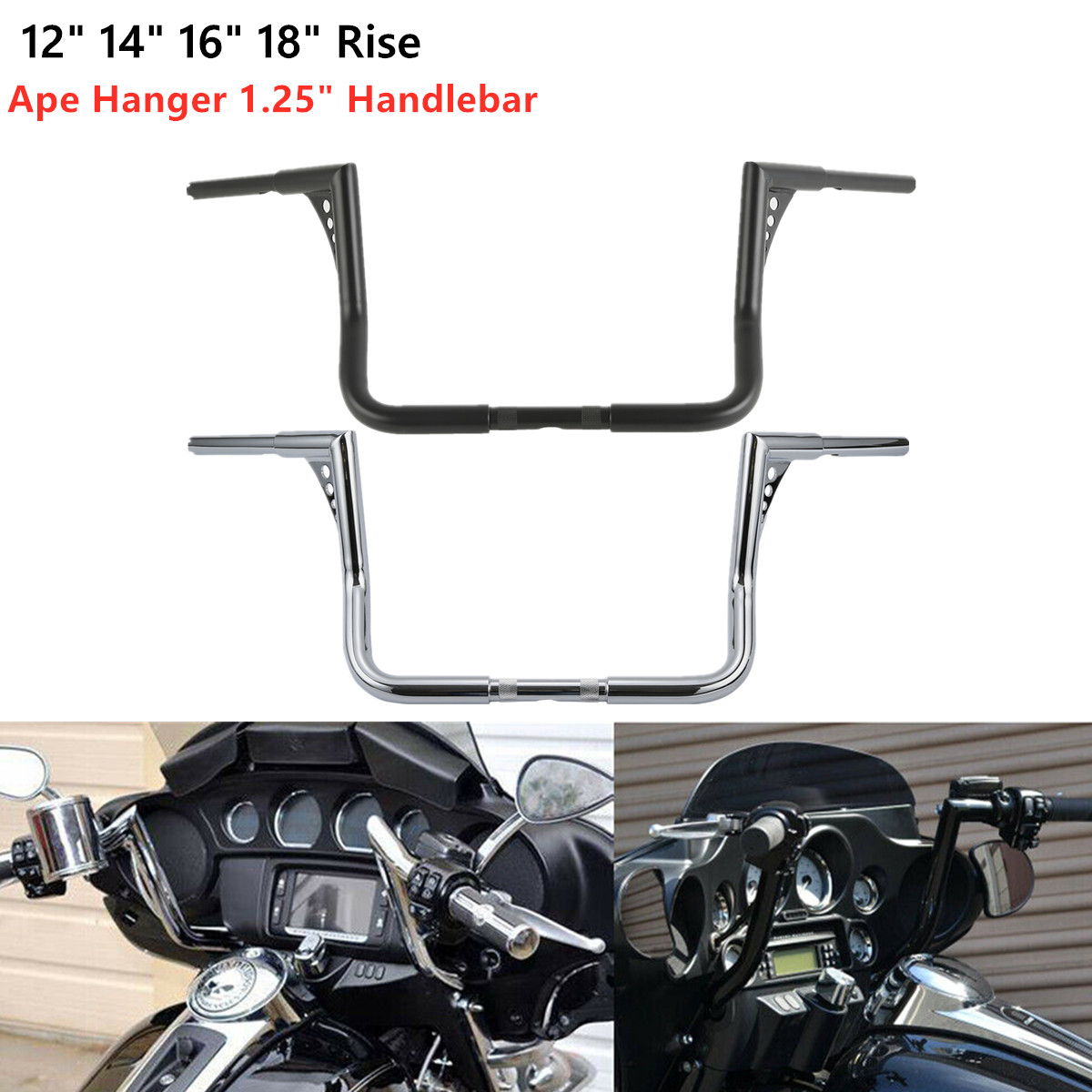 12 14 16″ 18″ Rise Ape Hanger HandleBar For Harley Touring Electra Street Glide