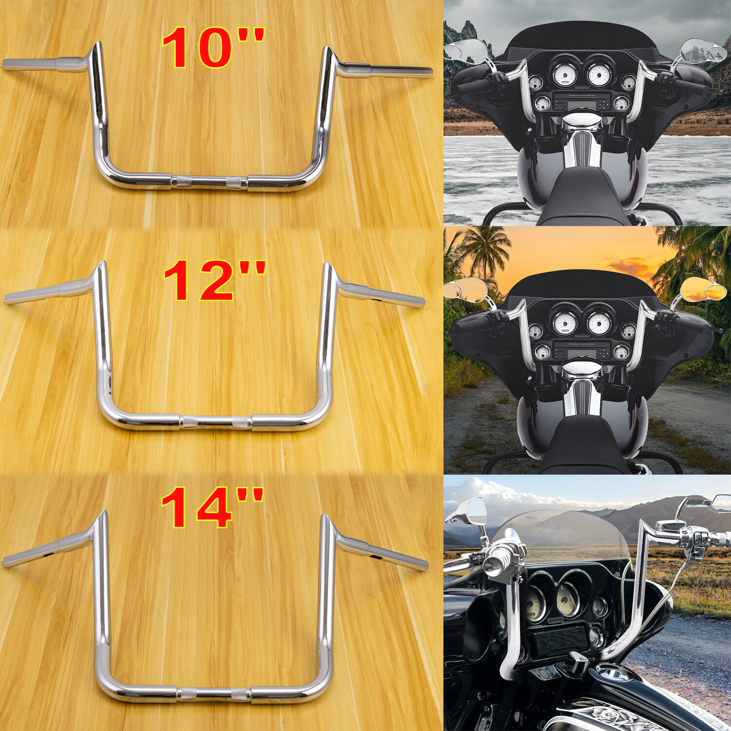 Bar 10″ 12″ 14″ Meathook Ape Hanger Handlebar For Harley Electra Street Glide