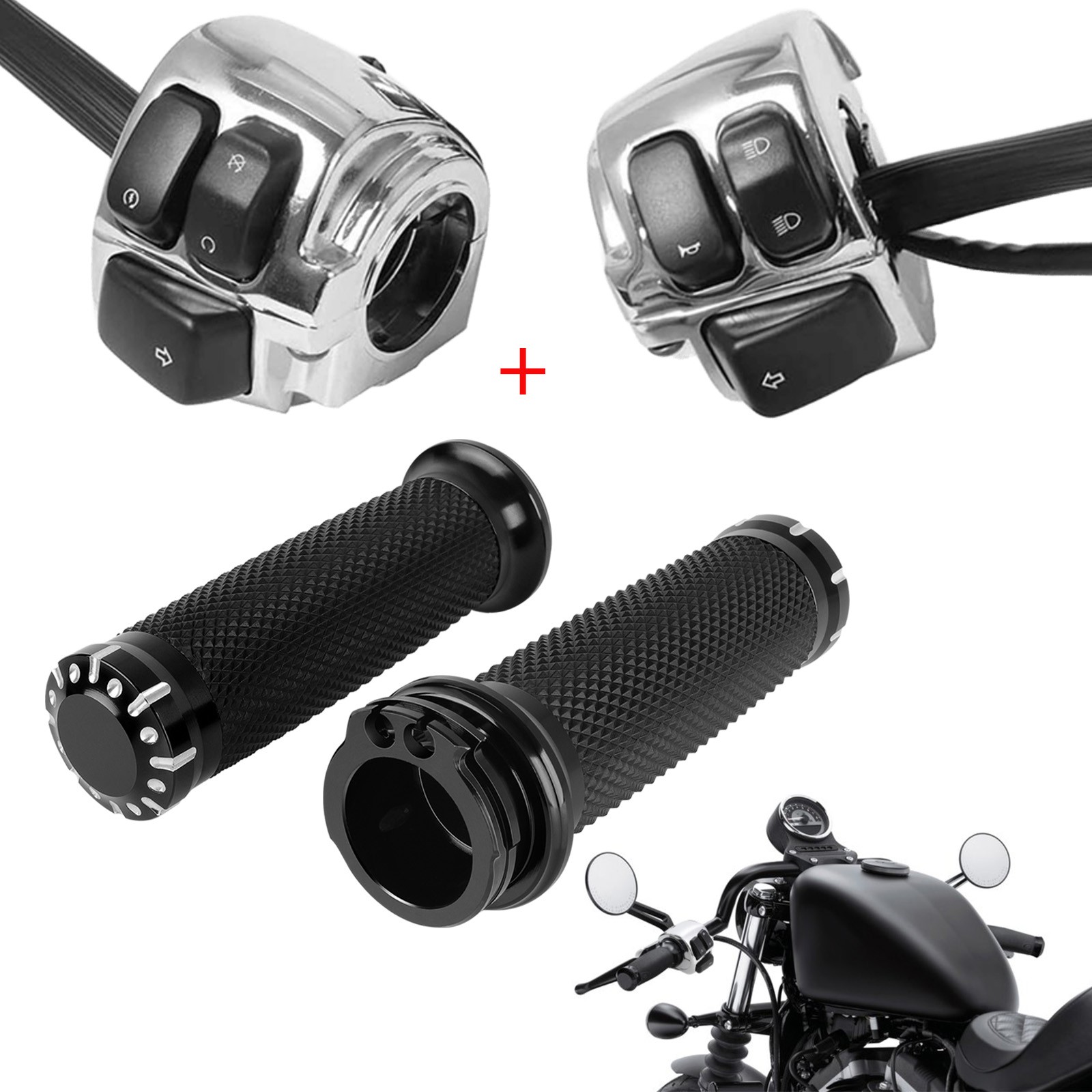 Motorcycle 1″ Handlebar Hand Grips w/ Control Switch Button Switches For Harley