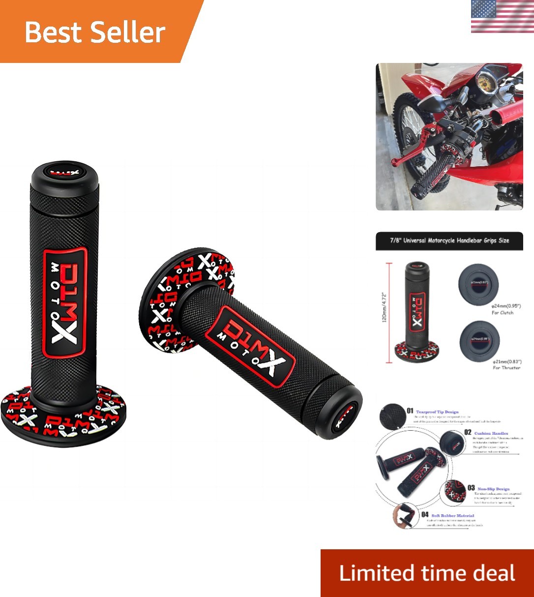 Durable Red Rubber Racing Grips for 7/8″ Motorbikes – Easy Installation