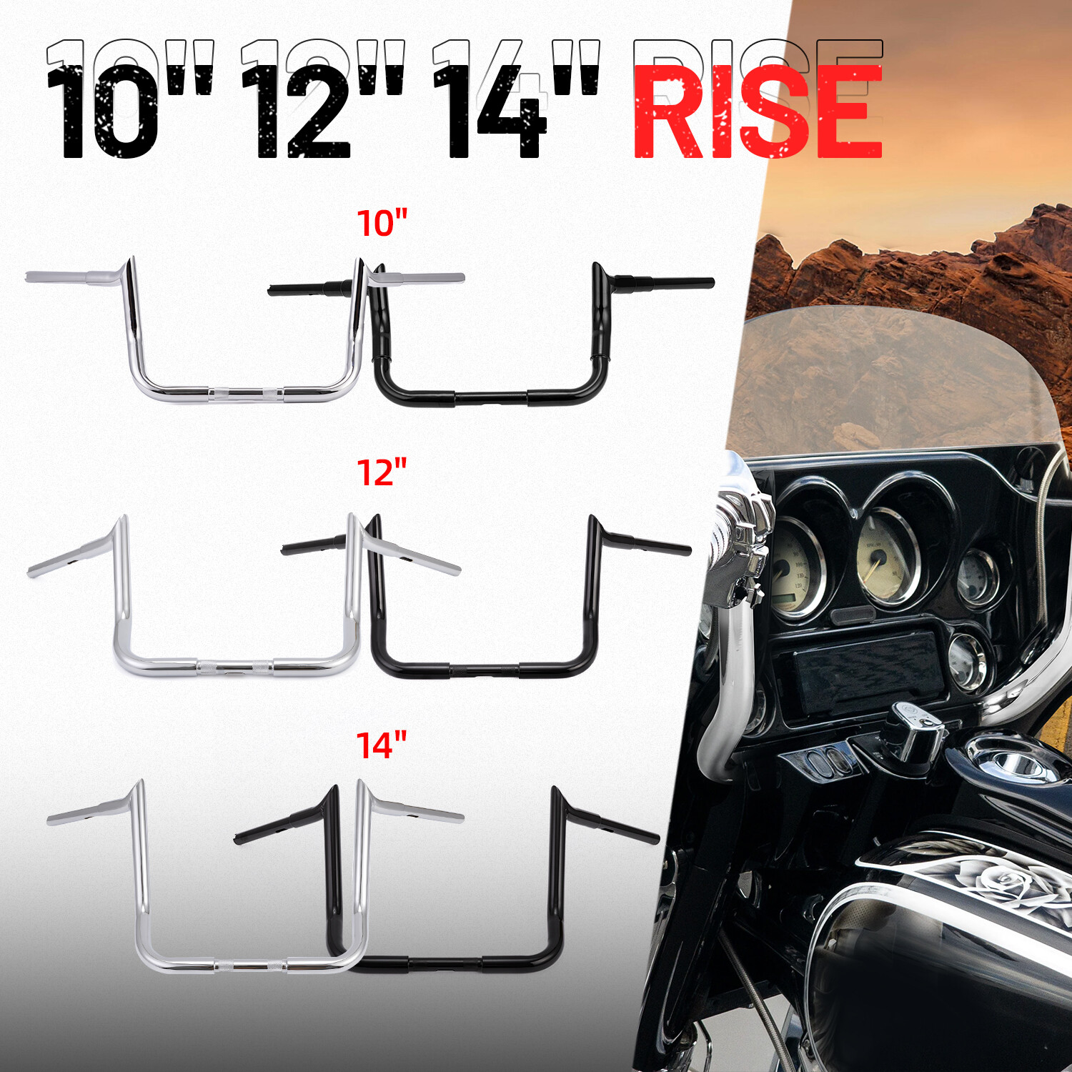 10″ 12″ 14″ Rise Meathook Ape Hanger Handlebar For Harley Electra Street Glide