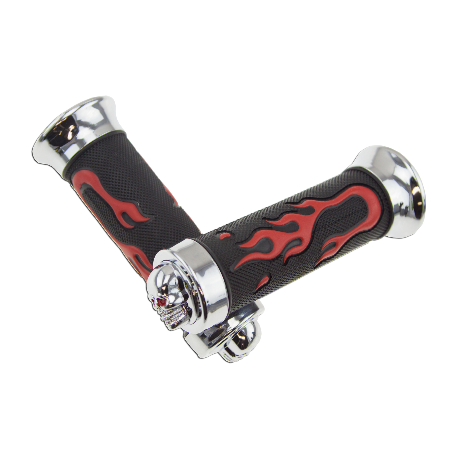 Handle Bar Left Right Front Red Universal Skull Flame Hand Grip 7/8″ Rubber