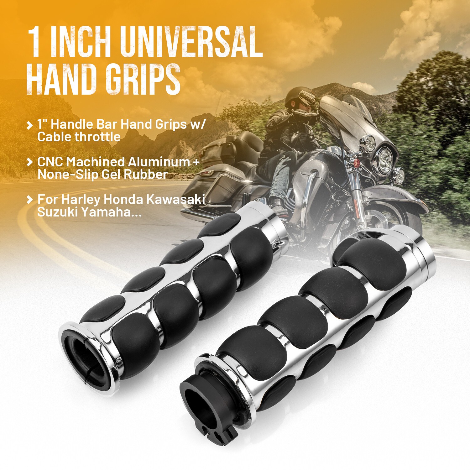 Chrome 1″ Motorcycle Handle Bar Hand Grips For Harley Honda Kawasaki Suzuki