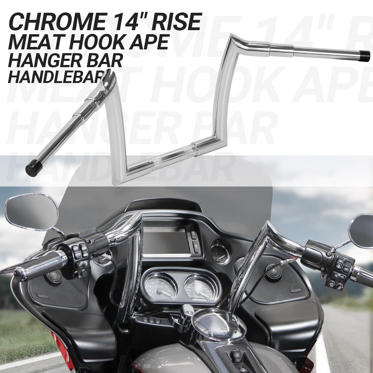 Black Chrome 10″ 12″ 14″ 16″ Rise For Harley Road Glide Meathook Bars Handlebar