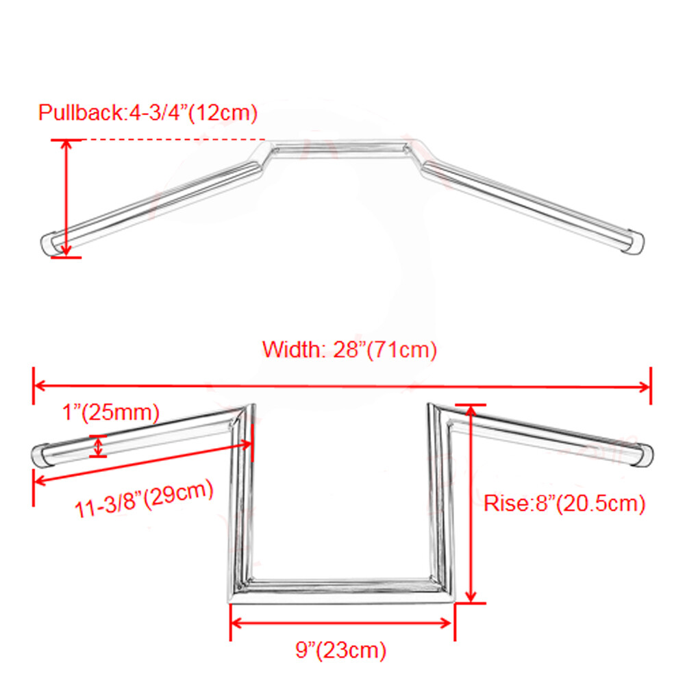 1″ Motorcycle 8″ / 10-1/2″ Rise Ape Hanger Handlebars Z-Bar Drag Bars For Harley