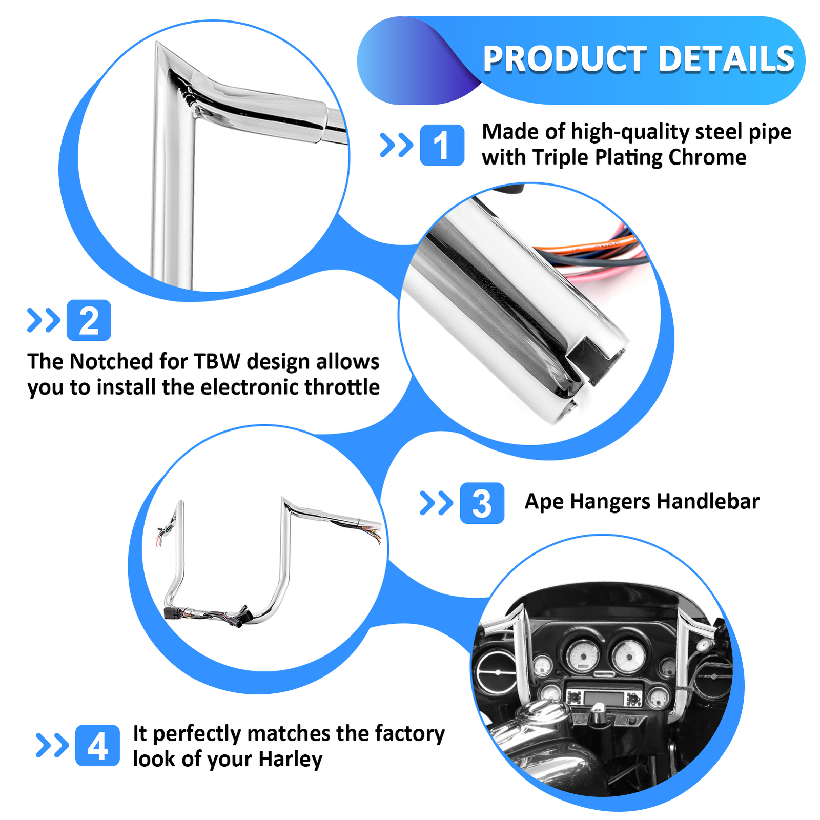 Pre-Wired 12″ Rise Meat Hook Ape Hanger Handlebar For Harley Street Glide 08-13