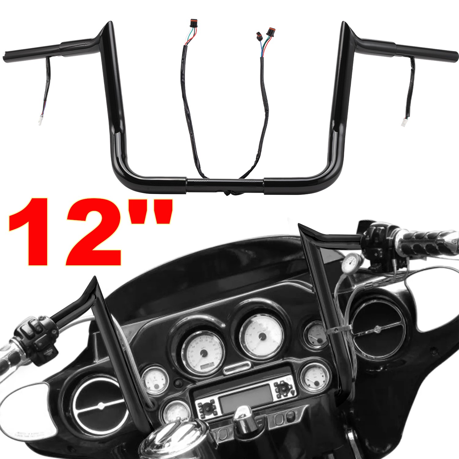 Heavy Duty 12″ Pre-Wired Meathook Ape Hanger Handlebar For Harley Street Glide