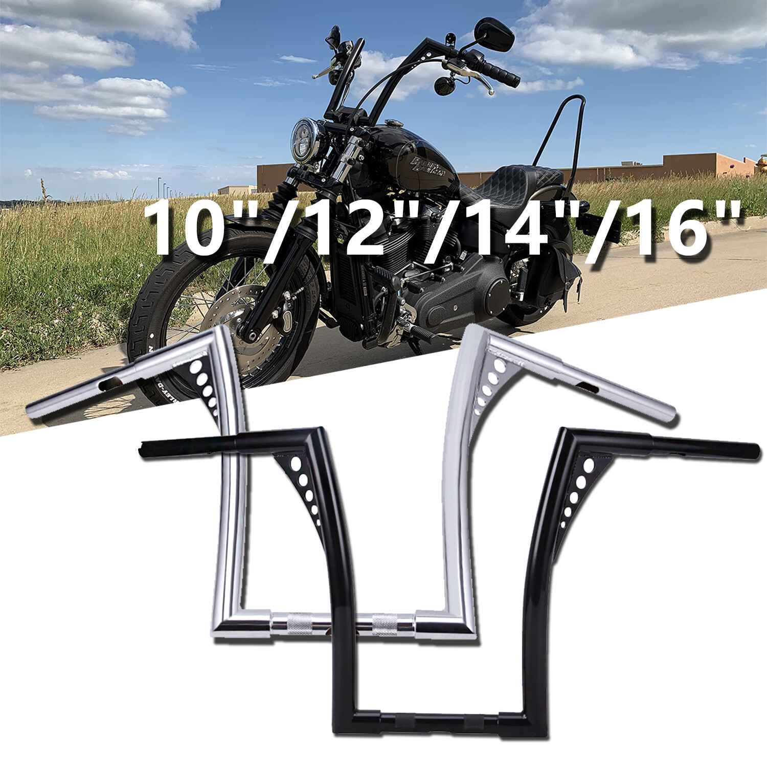 10″ 12″ 14″ 16″ Rise Ape Hanger Handlebars For Harley Softail Dyna Sportster