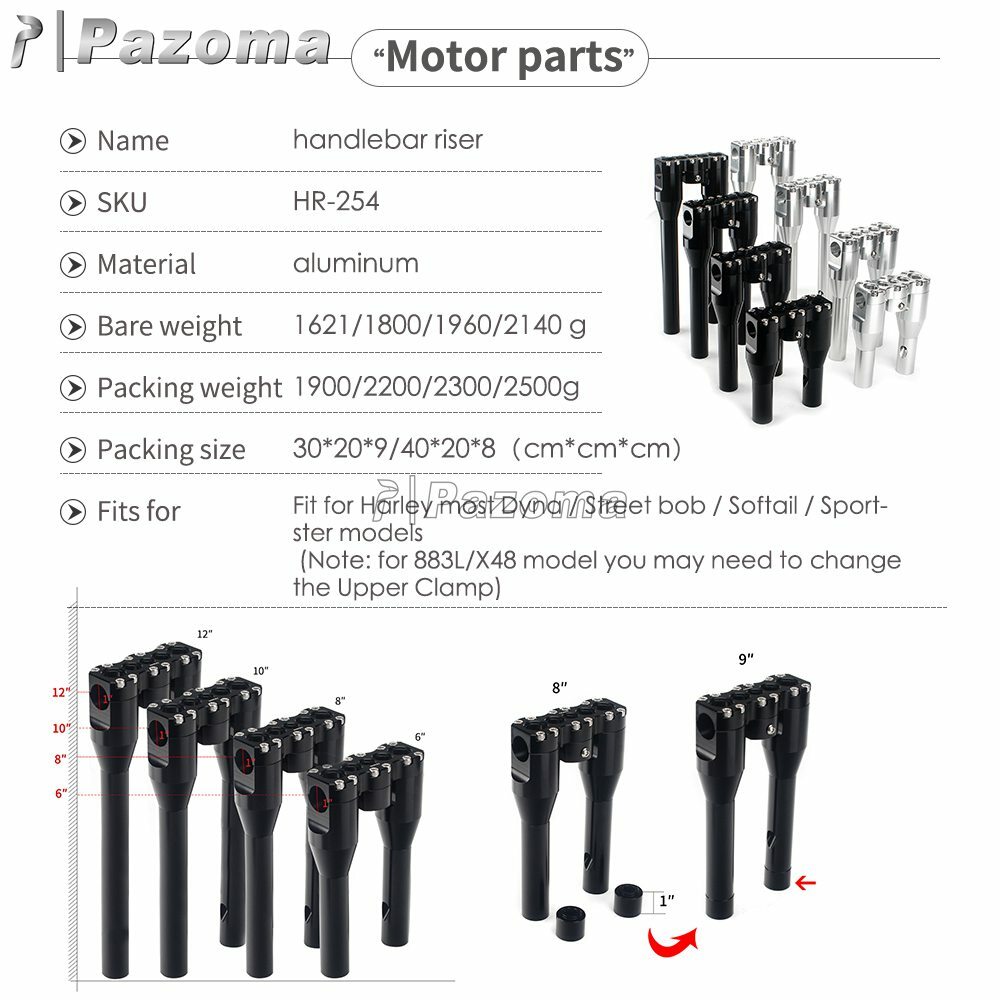 6″ 8″ 10″ 12″ Motorcycle Handlebar Rise Black for Harley Dyna 1″ Bar Club Style
