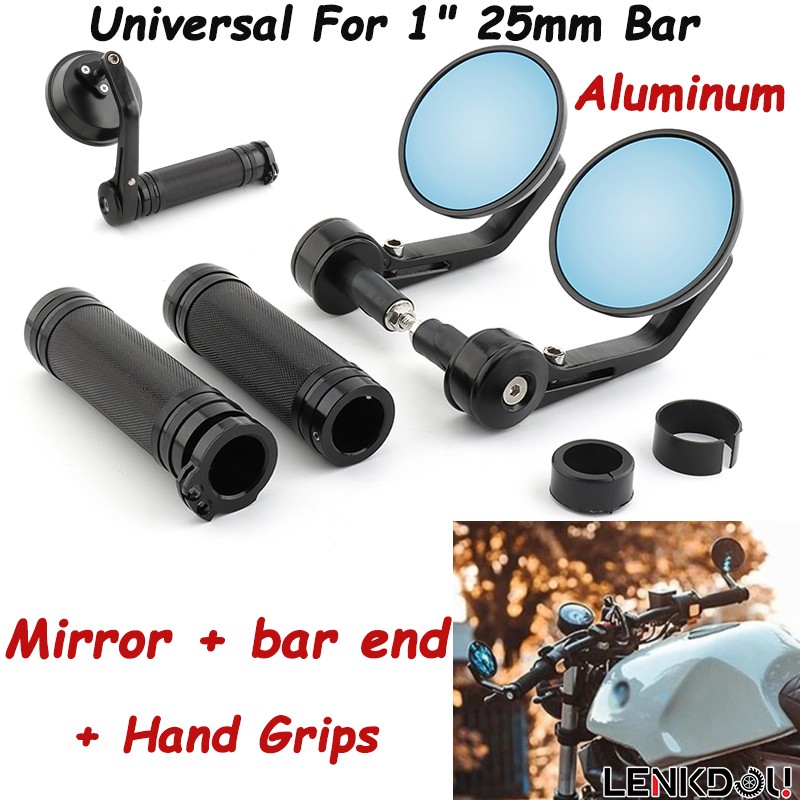 Handle Bar End Mirrors w/ Hand Grips For 1″ 25mm Bar Harley Road Street Glide