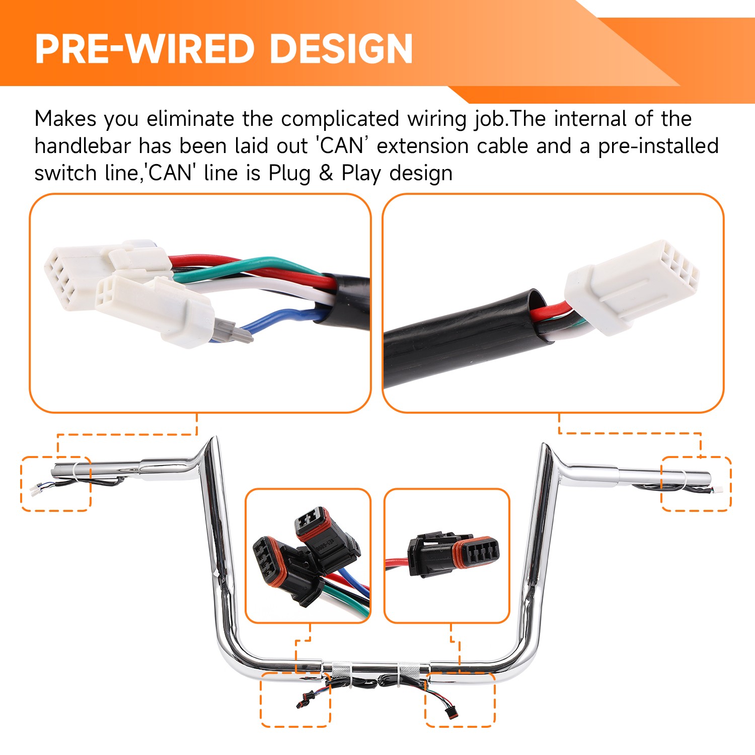 Chrome PRE-WIRED 12″ Meathook Handlebar for Harley Touring Street Glide 2014-25