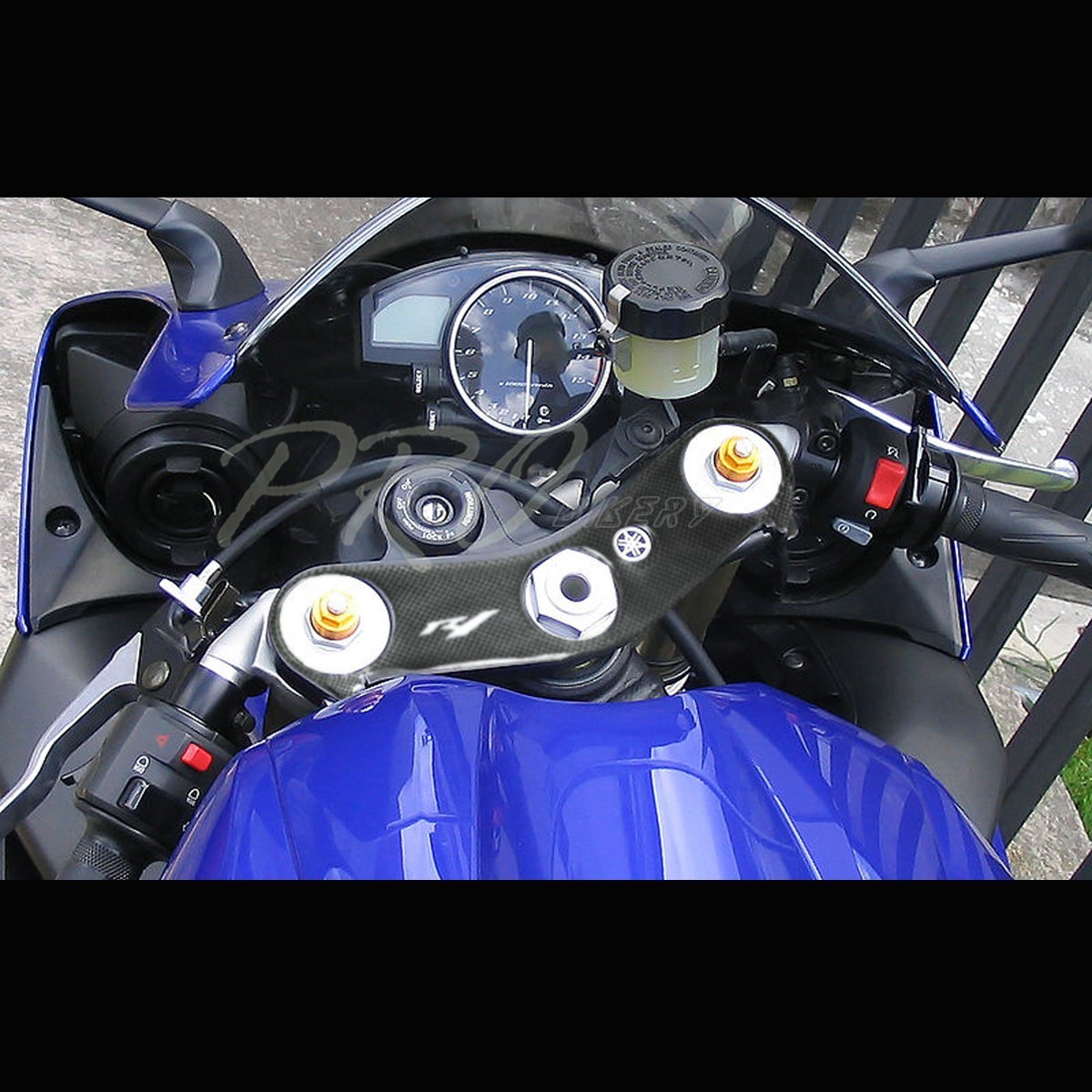 Handle Yoke Carbon Fiber Look Cover+Black Logo Emblem Sticker for 04-08 YZF R1