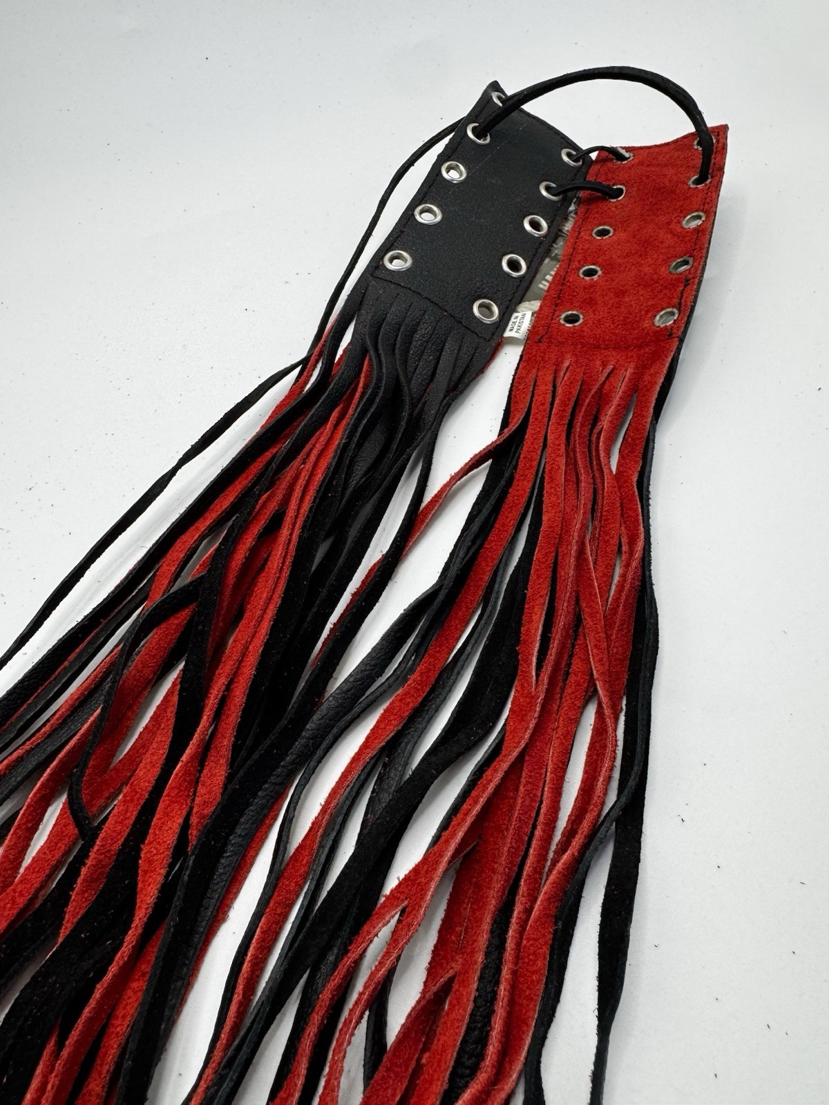 Motorcycle Red/Black Brake Clutch Lever Covers, Natural Leather, Fringed