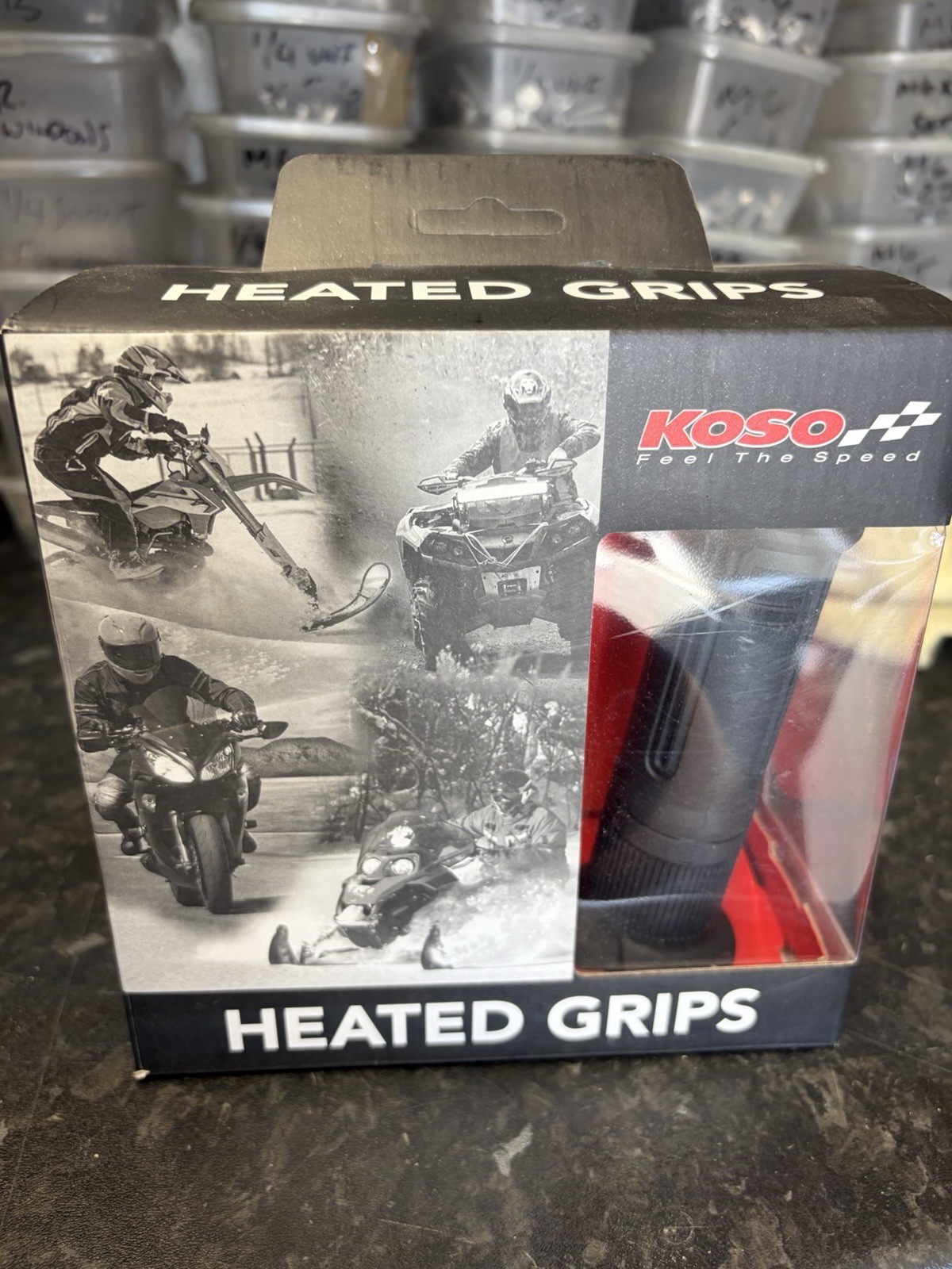 Koso heated grips with integral switch for 22mm handlebars. Brand new in box