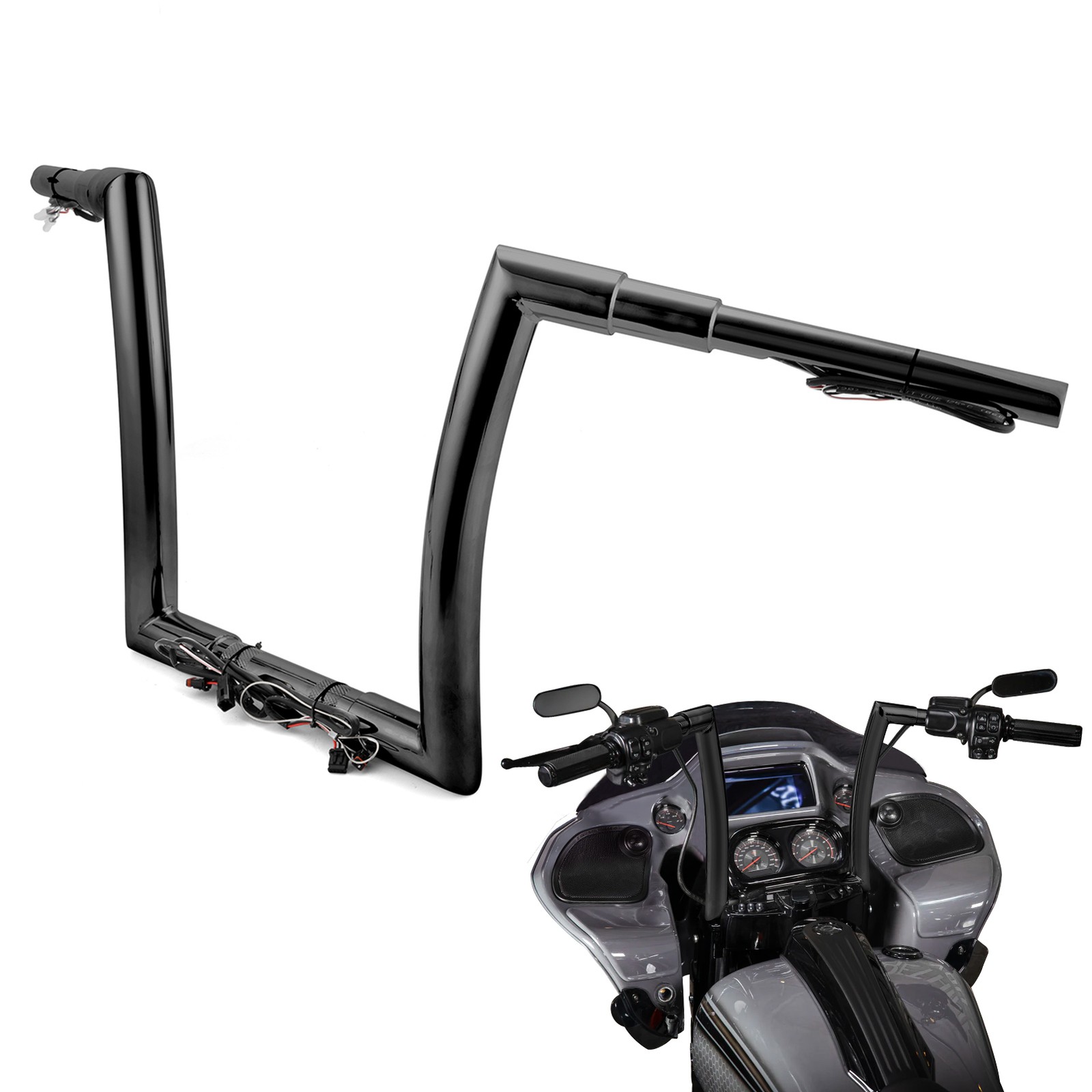 12″ High 1.5″ Fat Black Pre-wired Handlebar Fit For 2015-2023 Harley Road Glide