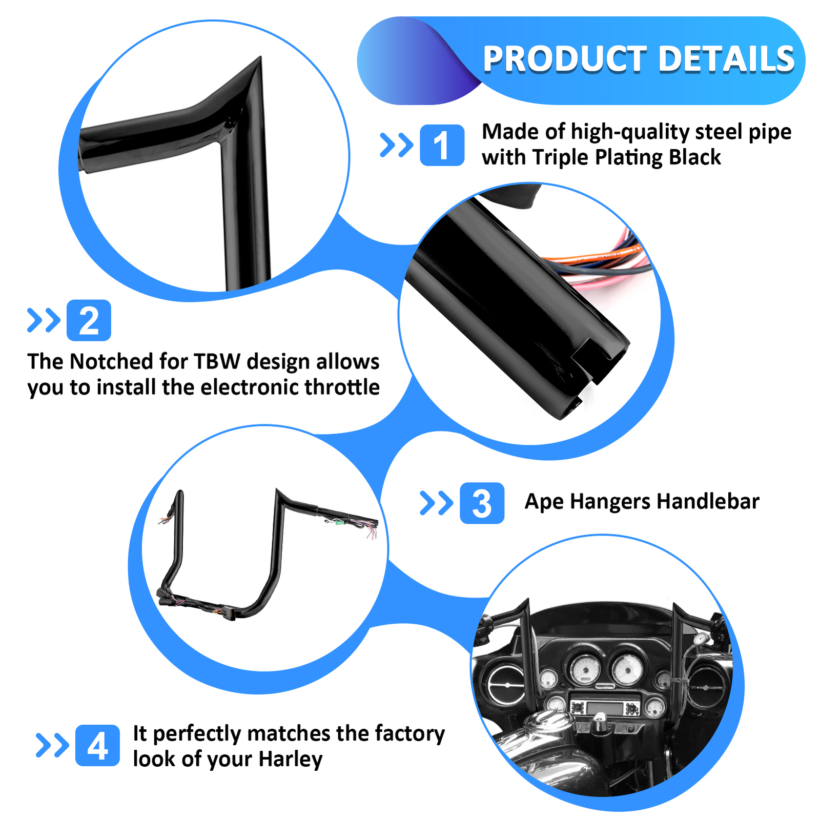 14″ Pre-Wired Meathook Bar Handlebar For Harley Street Glide Electra Glide 08-13