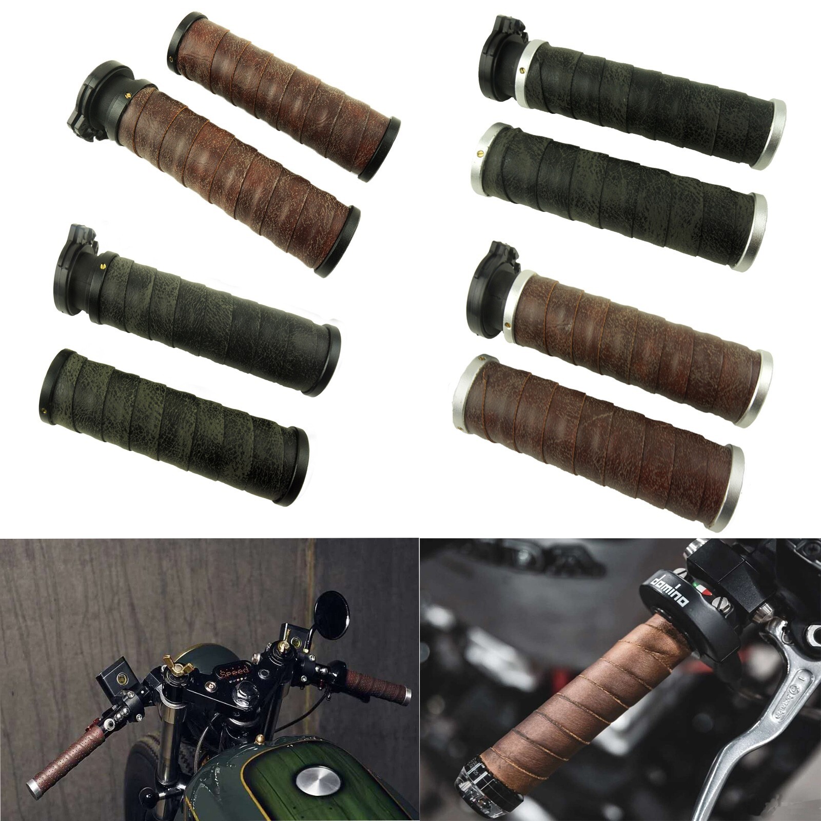 22MM Vintage Motorcycle Handle Bar Retro PU Leather Aluminum Grips without Hole