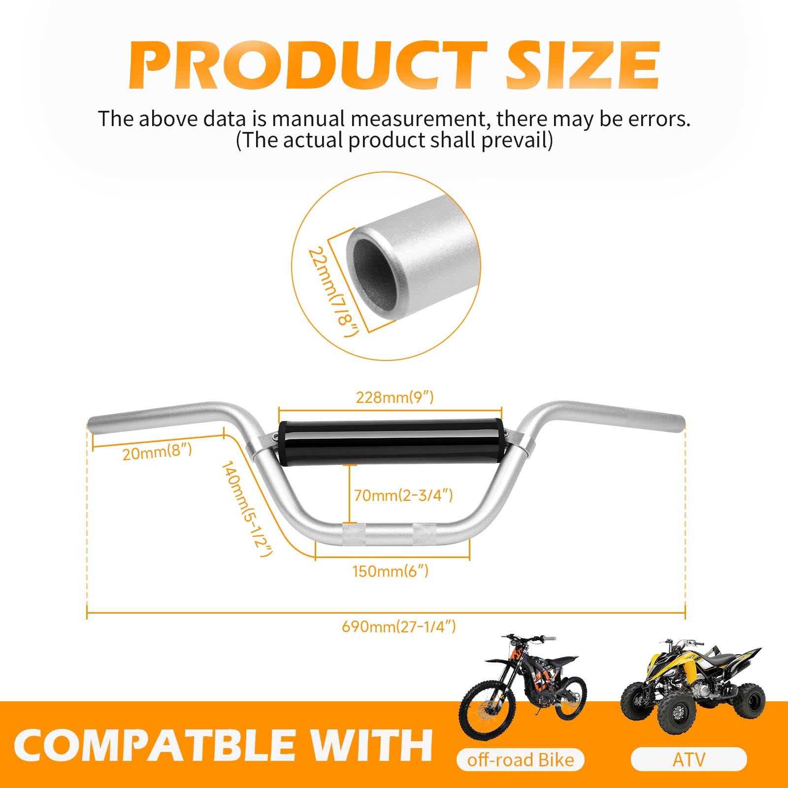 7/8″ 22mm Dirt Bike Handlebars with Foam Pad For Coleman Powersports Mini Bike