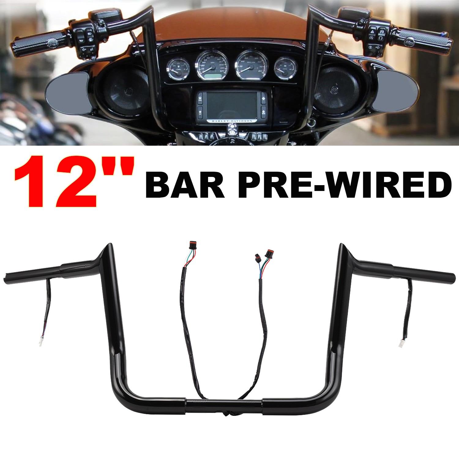 Heavy Duty 12″ Pre-Wired Meathook Ape Hanger Handlebar For Harley Street Glide