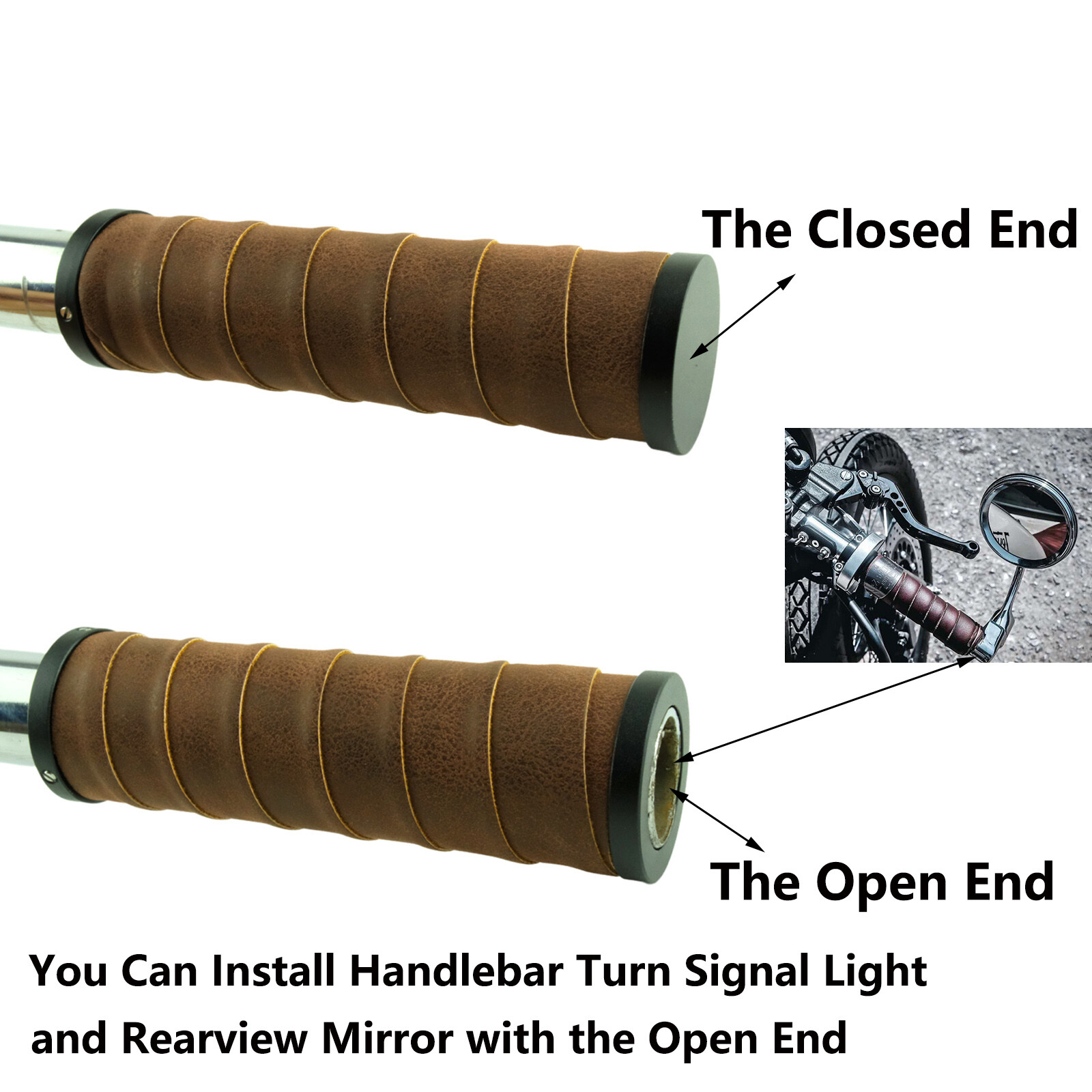22mm 7/8 inch Vintage Motorcycle Handlebar Grips Open End with Retro PU Leather